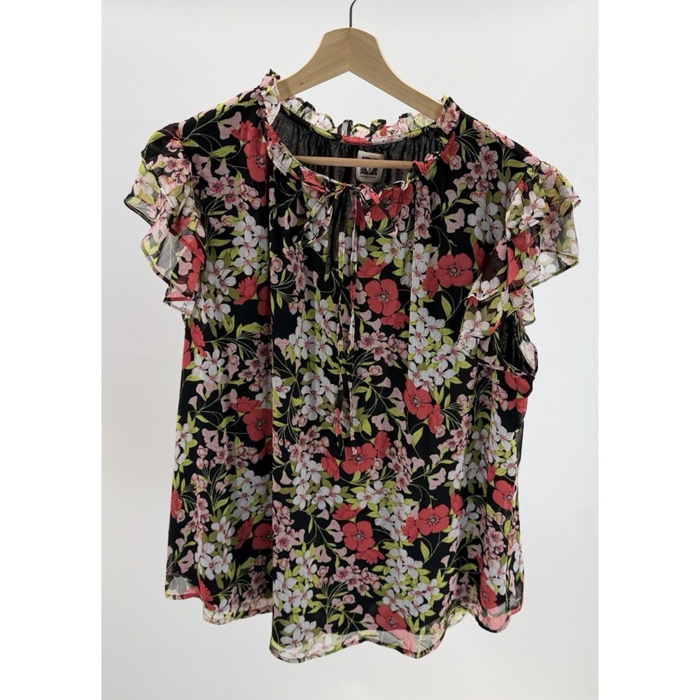 Anne Klein Women's Ruffle Sleeve Tie Neck Black Red Floral Blouse Top Size XL